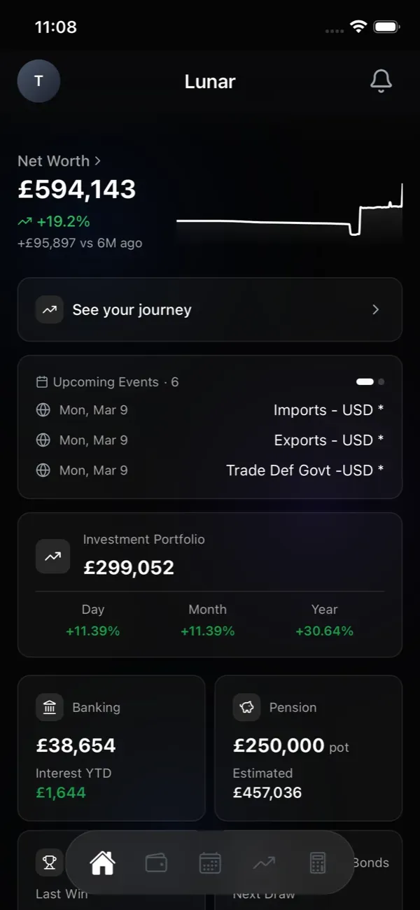 Lunar app home screen showing net worth, investment portfolio, and banking overview
